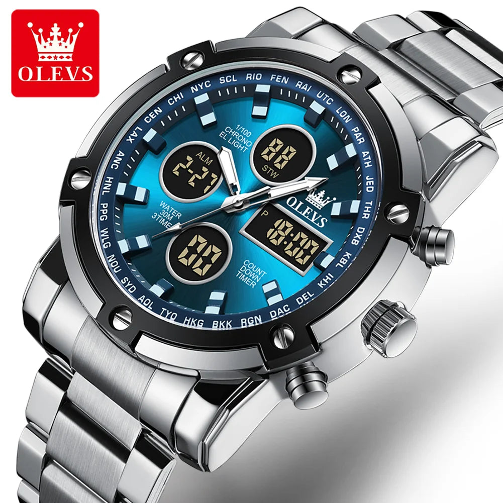OLEVS Herrenuhr – Wasserdichte Quarz-Armbanduhr aus Edelstahl mit LED-Anzeige – Sportlicher und trendiger Stil (Modell 1106)