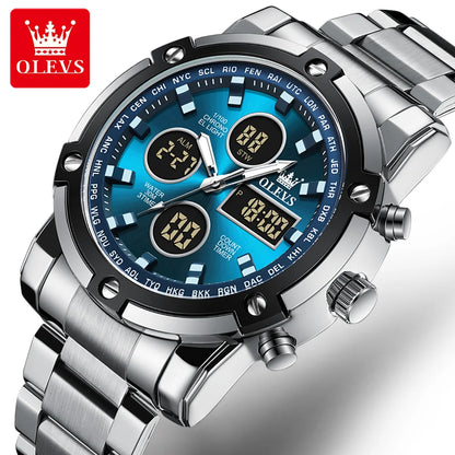 OLEVS Herrenuhr – Wasserdichte Quarz-Armbanduhr aus Edelstahl mit LED-Anzeige – Sportlicher und trendiger Stil (Modell 1106)